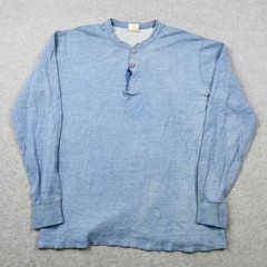 Vintage 80s LL Bean River Drivers Shirt Mens M Blue Henley Long Sleeve Made USA