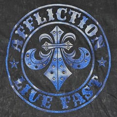 Affliction Mens Live Fast T-Shirt Large Black Mineral Wash Blue Fleur De Lis USA