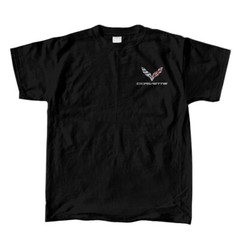 Joe Blow T’s Chevy Corvette Flags C1 thru C7 Men’s Black T-Shirt Emblems Logos