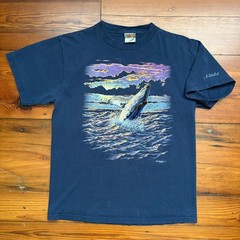 Vintage Whale Nature Art T-Shirt Men’s Size L Navy Blue 1990s Embroidered