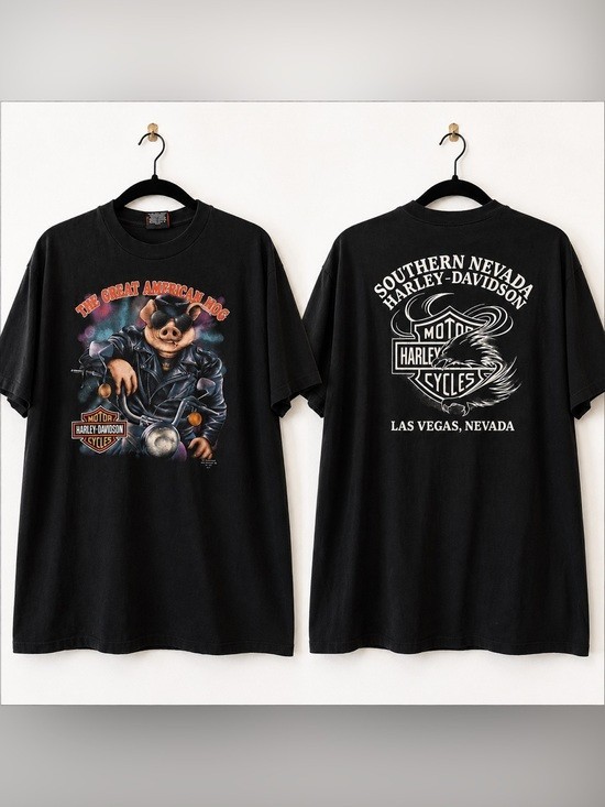 Vintage 1991 Harley Davidson 3D Emblem Great American Hog Tee Sz XL Las Vegas