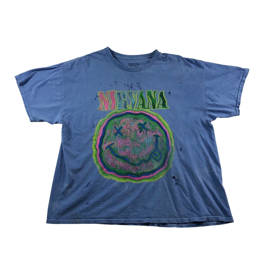 Nirvana Distressed Graphic T-Shirt Blue Nevermind Smiley Face Mens Size S/M