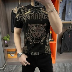 New Men Luxury Diamond Tiger Rhinestones Fashion Black T-Shirt High Quality
