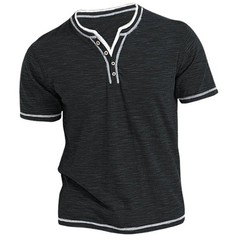 New Cotton Small V-neck Short Sleeve T-shirts Men’s Casual Henley Collar Shirt C