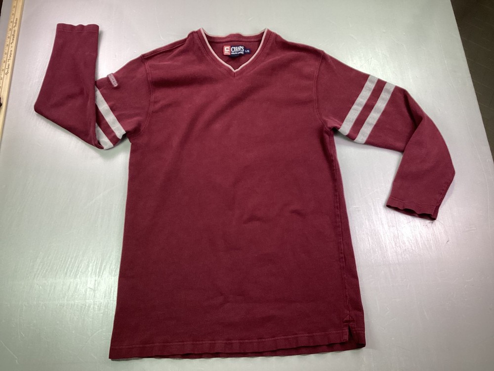 Chaps Ralph Lauren Men’s L/G Burgundy Cotton V-Neck Long Sleeve T-Shirt Striped