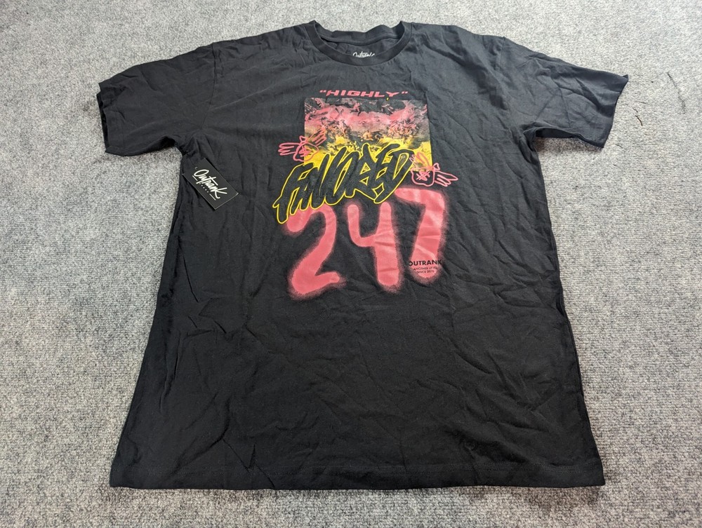 Outrank Brand T-Shirt XL Black Highly Favored 24/7 Streetwear Graphic Tee NWT