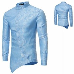 Men Printed Shirt Vintage Long Sleeve Grandad Collar Top Asymmetric Hem Slim YM0