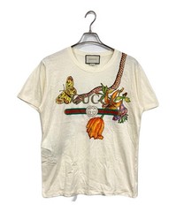 GUCCI Distressed Snake Flora Vintage Logo T-Shirt Ivory Cotton Italy Size S