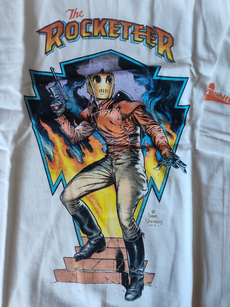 VINTAGE ROCKETEER LARGE T SHIRT DAVE STEVENS GRAPHITTI DESIGNS DEADSTOCK
