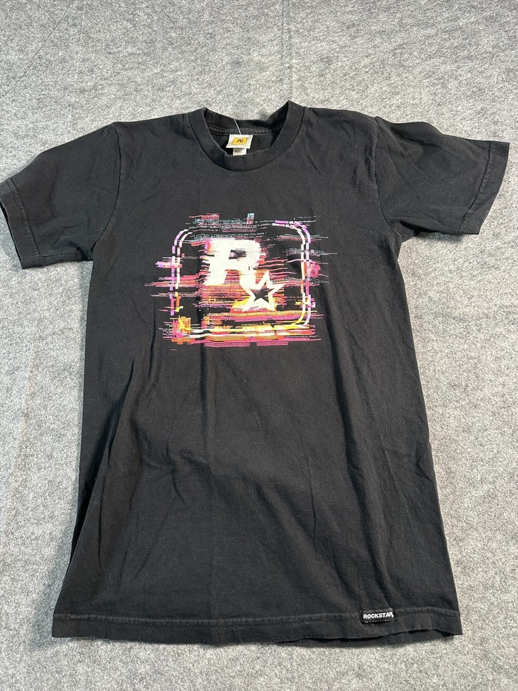 Rockstar Games Shirt Mens Small Black Glitch Logo Graphic Tee Video Game