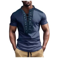 Men’s New Summer Color Contrast Small Stand Lace Up Short Sleeved Top Men’s T