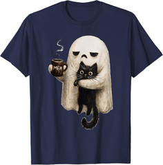 Ghost Cat Spooky Black Cat Funny Halloween Coffee Lover T-Shirt