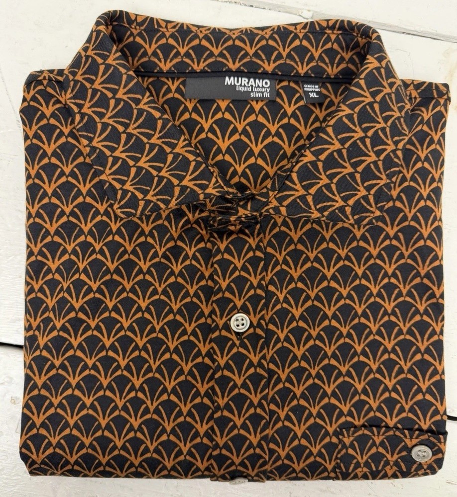 Murano Liquid Luxury Mens XL Black Short Sleeve Button-Down Collared Shirt Print