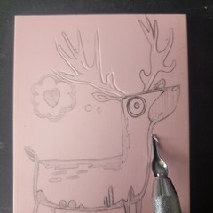 Hand-Printed Southwest Folk Art T-Shirt Cartoon Deer and Tree Lino Cut Print
