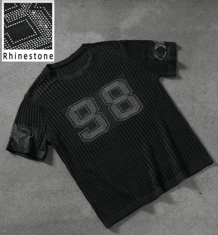 New Men Luxury Diamond Rhinestones Fashion Black Knitted T-Shirt High Quality