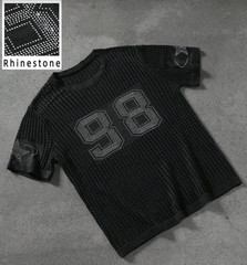 New Men Luxury Diamond Rhinestones Fashion Black Knitted T-Shirt High Quality