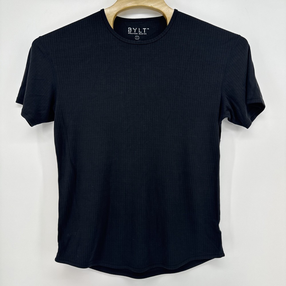 #1675 BYLT Premium Basics Drop-Cut Shirt Mens L Black Ribbed Modal Blend Tee
