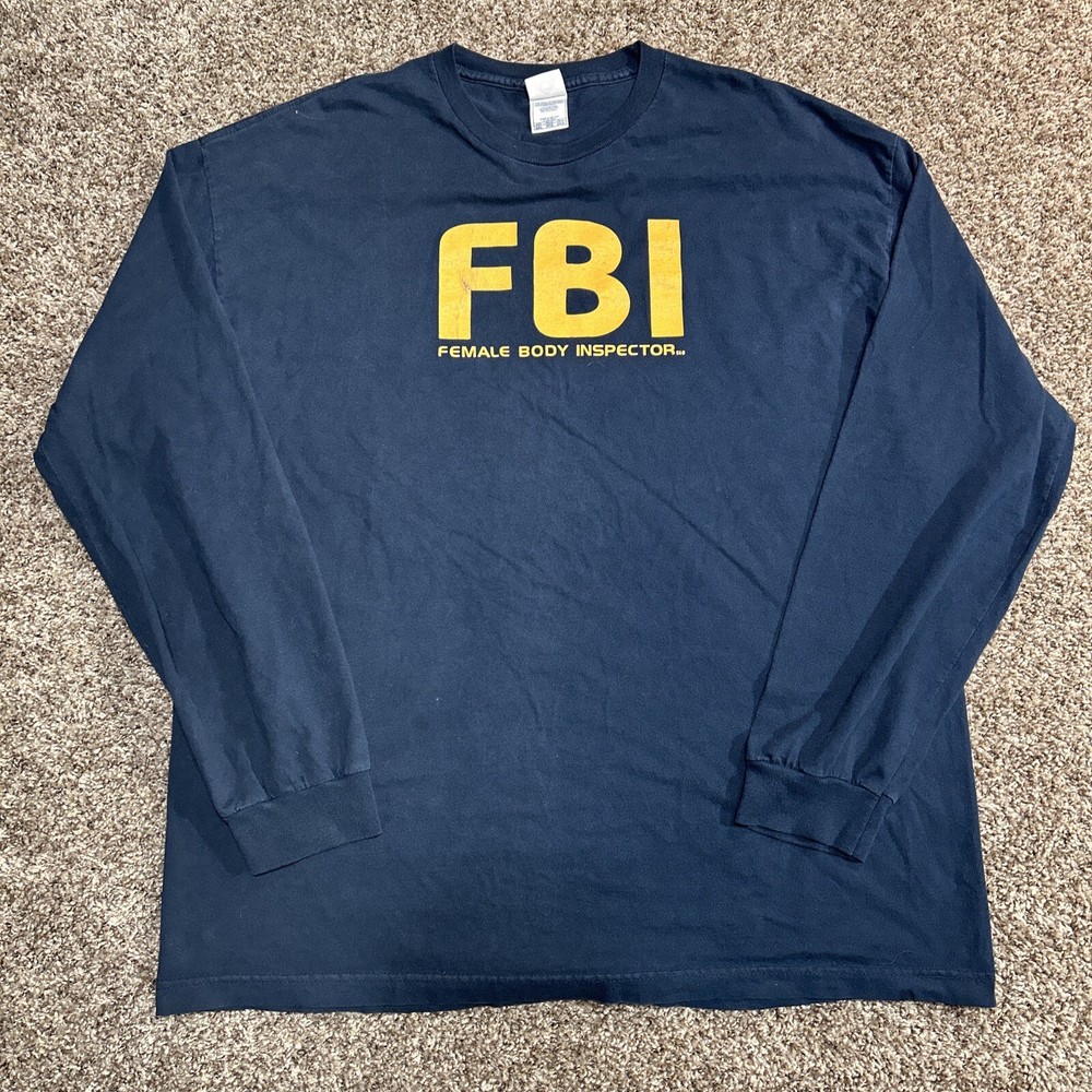 Vintage FBI ‘Female Body Inspector’ T Shirt Mens 2XL Long Sleeve Navy Cotton Y2K