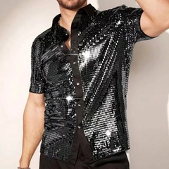Men’s Silver Metallic Sequins Glitter Shirt Summer Breathable Sparkling Short Sl