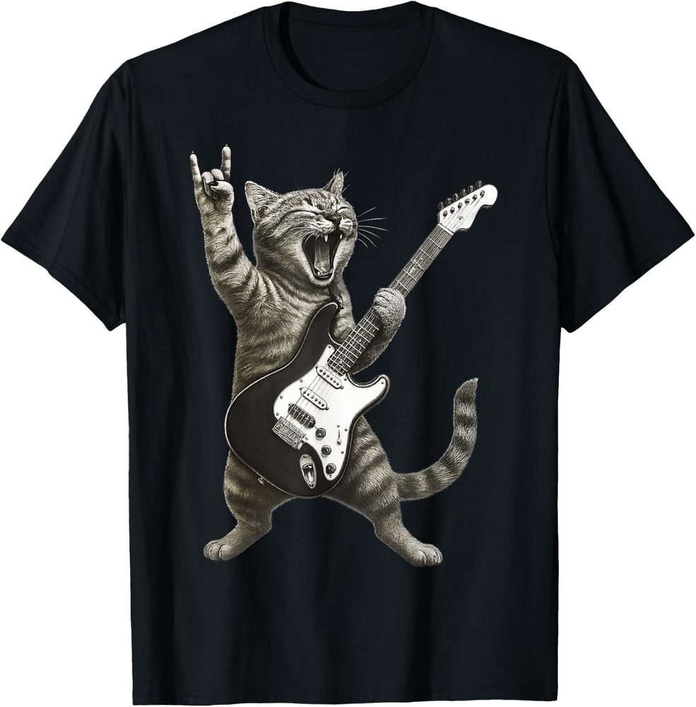 Funny Cat Playing Guitar Rock and Roll Gifts Men Women unisex T-Shirt