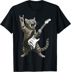 Funny Cat Playing Guitar Rock and Roll Gifts Men Women unisex T-Shirt