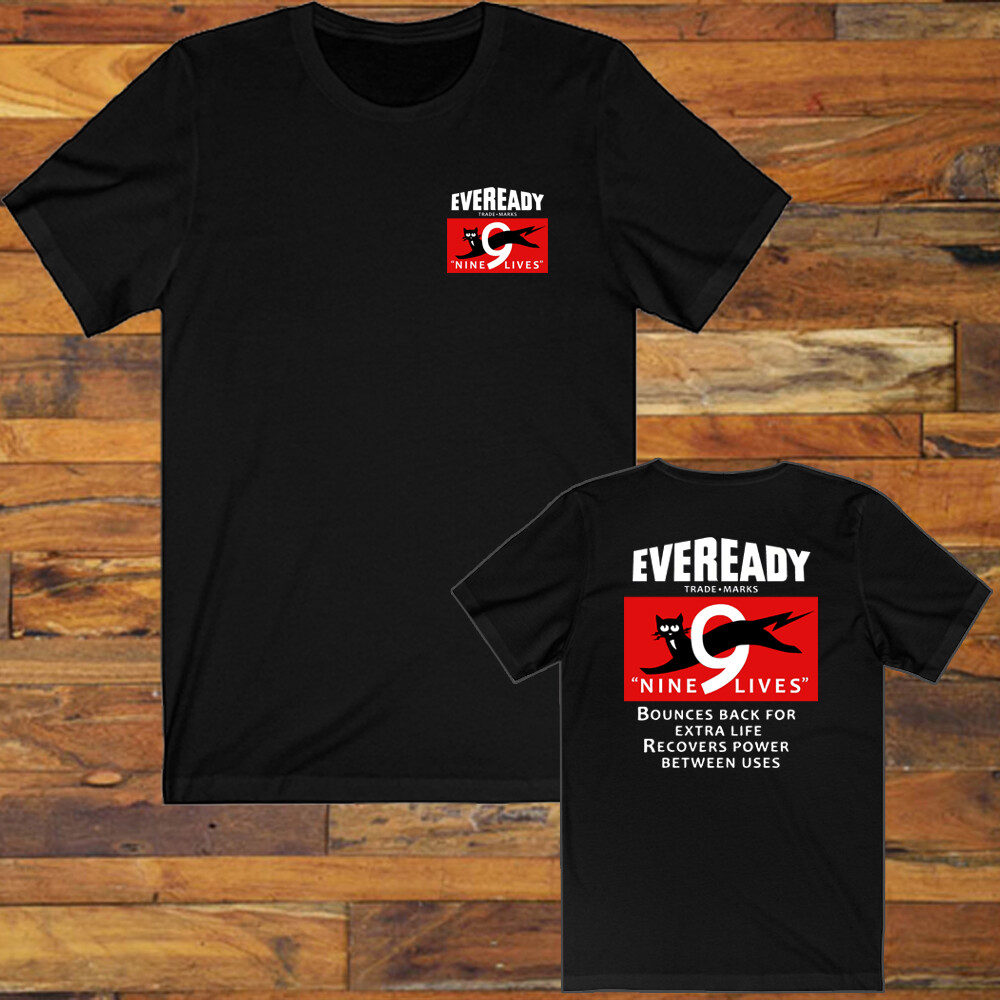 Eveready Retro Battery Black Cat Nine Lives Men’s Black T-Shirt Size S-5XL