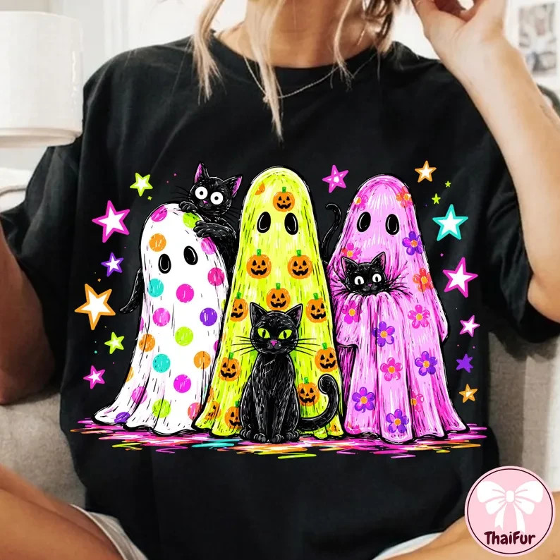Cute Ghost Cat Halloween Neon Shirt Colorful Spooky Ghost Tee Women Gift S-5XL