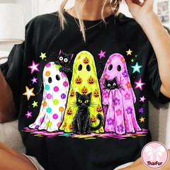 Cute Ghost Cat Halloween Neon Shirt Colorful Spooky Ghost Tee Women Gift S-5XL