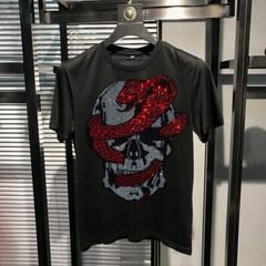 New Men Fashion Diamonds T-Shirt Skull Horror Rhinestones Hot Drill Short Sleeve
