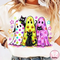 Cute Ghost Cat Halloween Neon Shirt Colorful Spooky Ghost Tee Women Gift S-5XL