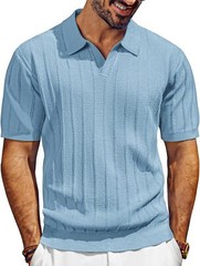 Mens V-Neck Polo Shirt Knit Textured Breathable Summer Casual Top