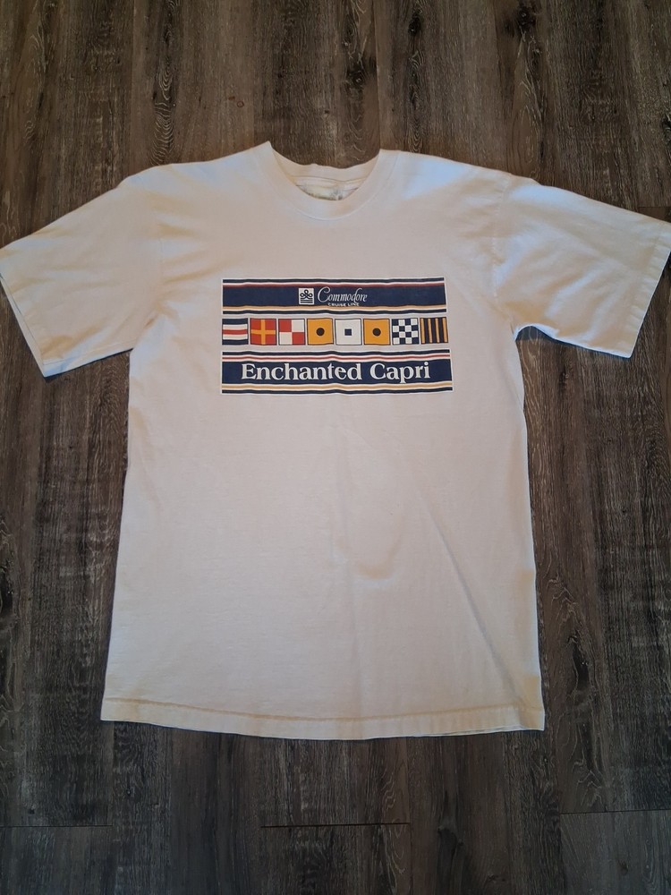 Vintage 90s Single Stitch White Commodore Cruise Line Enchanted Capri T Shirt XL