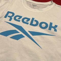 Mens Size Small – Reebok Identity Big Stacked Logo T-Shirt White Cyan Blue