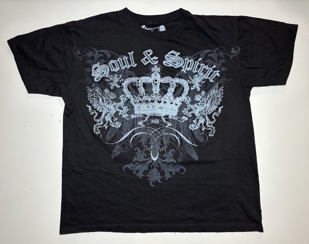Vtg Y2K Carbon Black AOP Beaded Crown Crest Eagle T Shirt S/M (read)* Cyber Goth