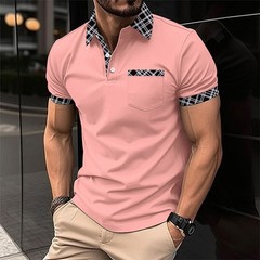 Mens Check Plaid Turn Down Collar T Shirts Tops Golf Pocket Casual Shirts Blouse