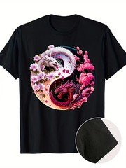 1pc Men’S Casual Cotton T-Shirt with Dragon Yin Yang Design, Short Sleeve, Round