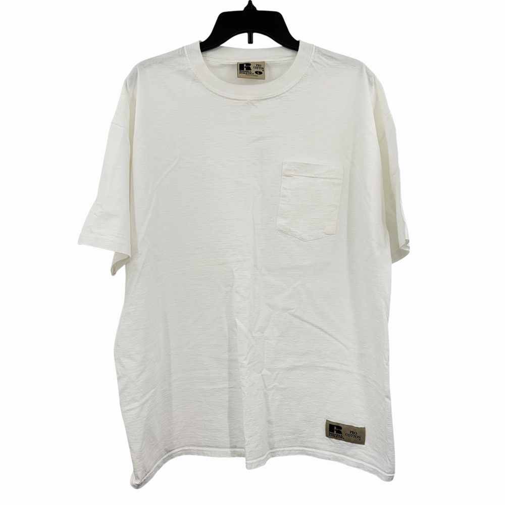 Vintage Russell Athletic Pocket Shirt Mens Large White Pro Cotton Active Y2K