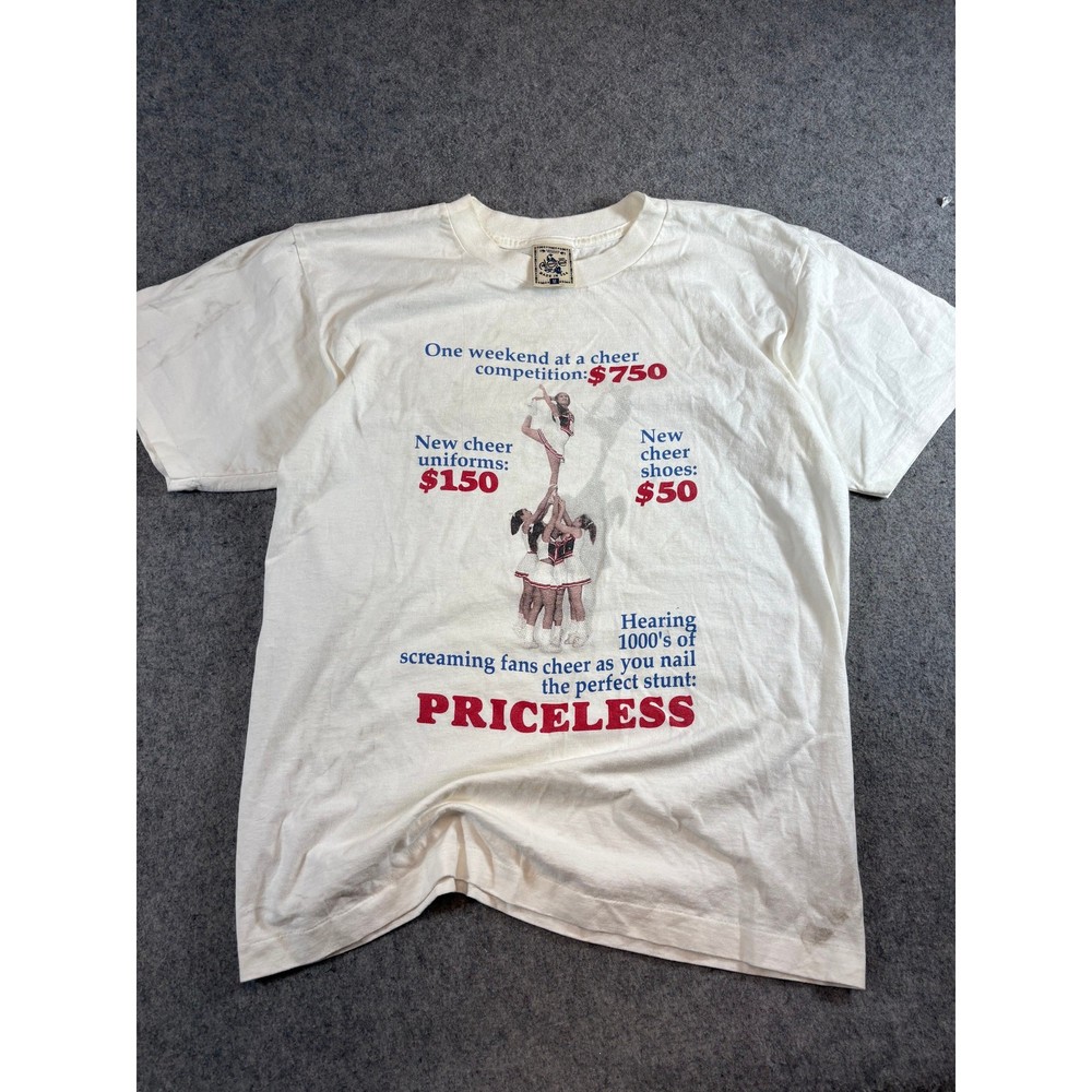 VINTAGE 90s Cheerleader Priceless T Shirt Mens White Graphic Tee USA Medium