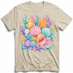 Colorful Seashells Coral Starfish T-Shirt Ocean Beach Summer Tee