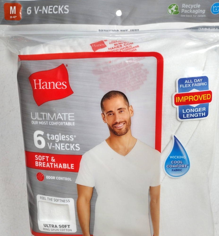 HANES Ultimate V-Necks 6Pk Med White Tagless Wicking Ultra Soft Spun 100% Cotton