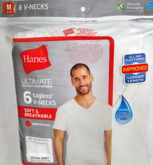 HANES Ultimate V-Necks 6Pk Med White Tagless Wicking Ultra Soft Spun 100% Cotton