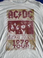 AC/DC Graphic T-Shirt Mens Large Cream Highway To Hell 1979 Tour Rock Band Tee