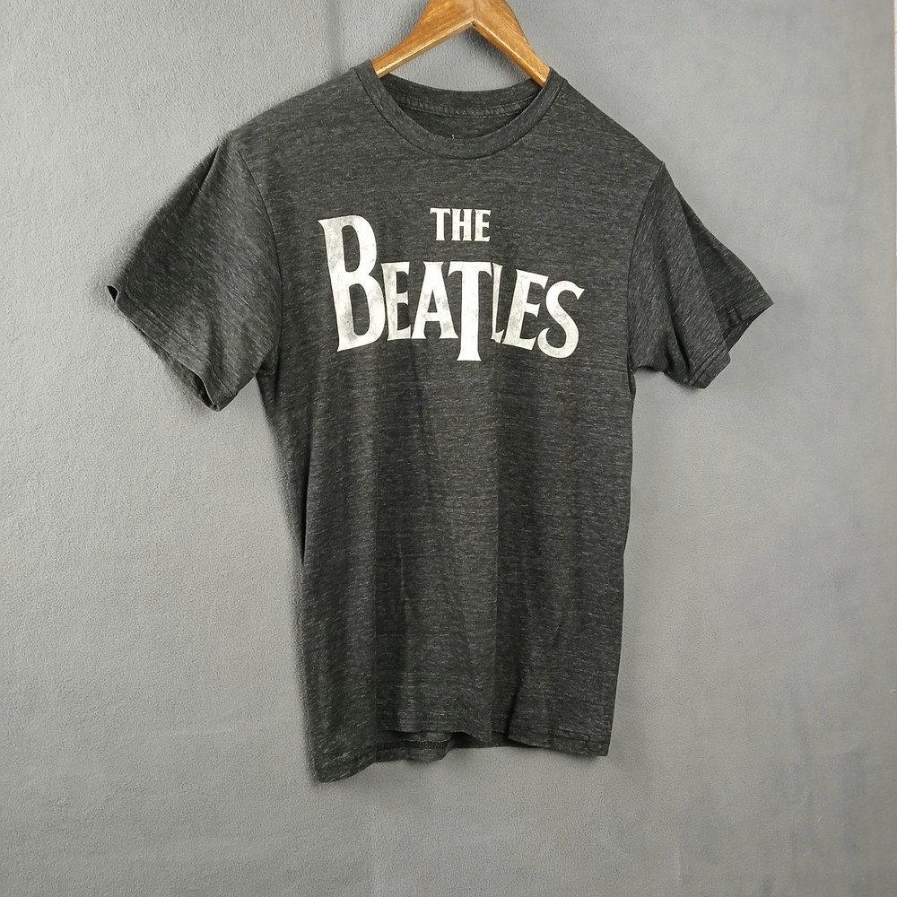 The Beatles Rock Band T-Shirt Adult Small Gray Spellout Logo Cotton Crew Neck