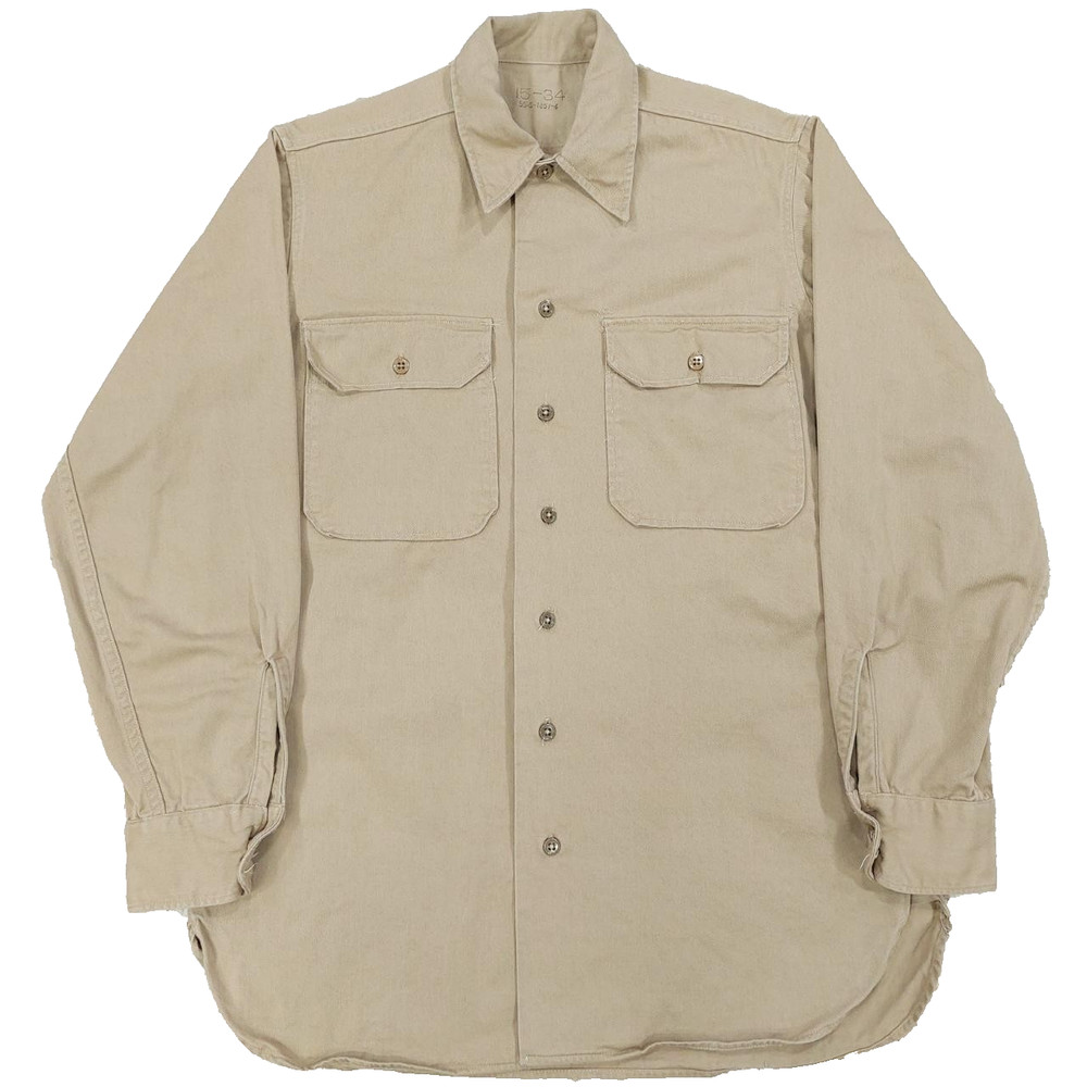 Vintage 50s Military Utility Work Shirt Mens 15-34 (Fits M), Khaki Twill, Korea