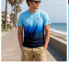 Hollister XL Blue Ombre T Shirt Gradient Fade Logo Short Sleeve Crew Neck Cotton