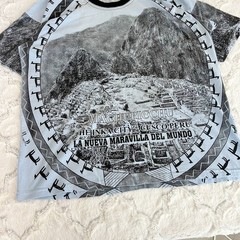 Vintage Blue All Over Print Machu Picchu Peru Nature Graphic T-shirt Large