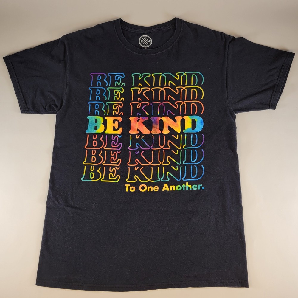 Black Graphic T Shirt Medium Be Kind To One Another Rainbow Text-Used/Excellent