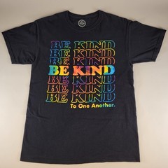 Black Graphic T Shirt Medium Be Kind To One Another Rainbow Text-Used/Excellent