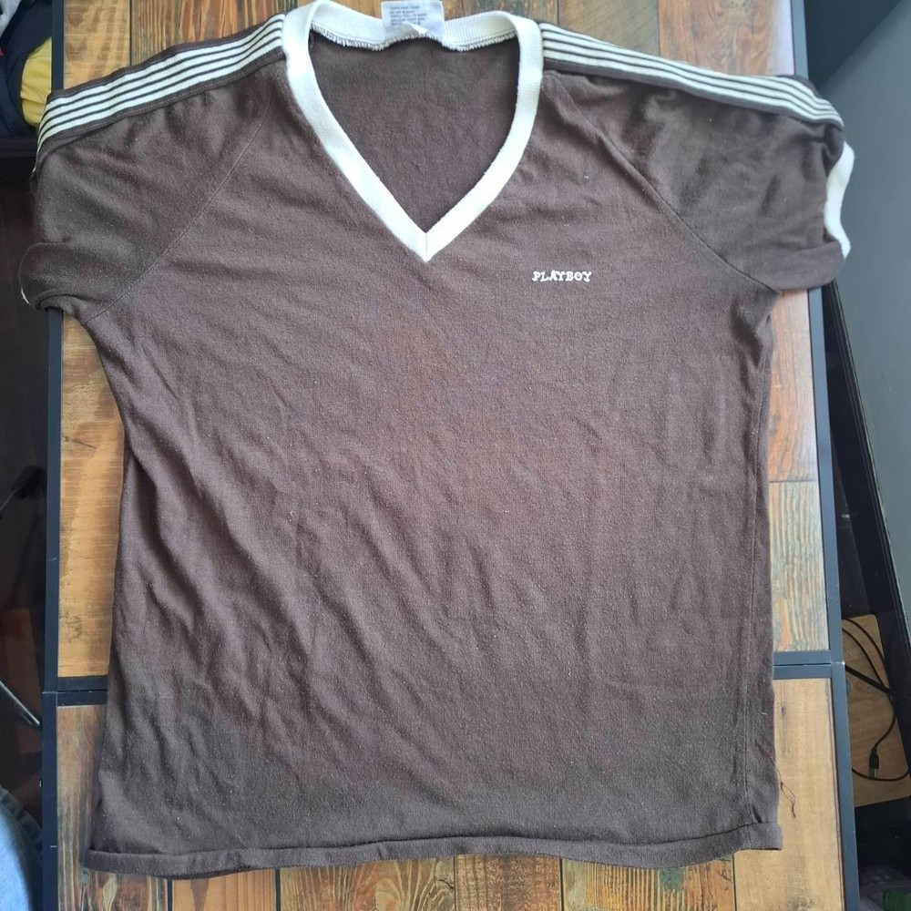 Vintage Playboy by Fitwear T-Shirt Australia Made Brown Ringer V-Neck Size 18k