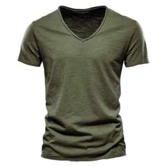 100% Cotton V-Neck Design Slim Fit Soild Color Short Sleeve T Shirt for Men